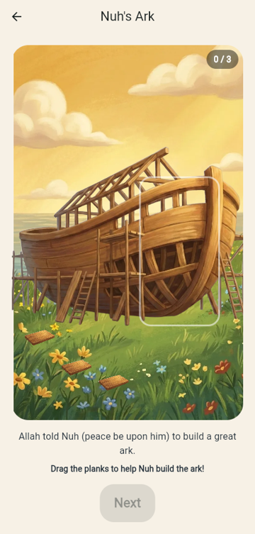 Nuh's Ark story scene with drag-and-drop planks